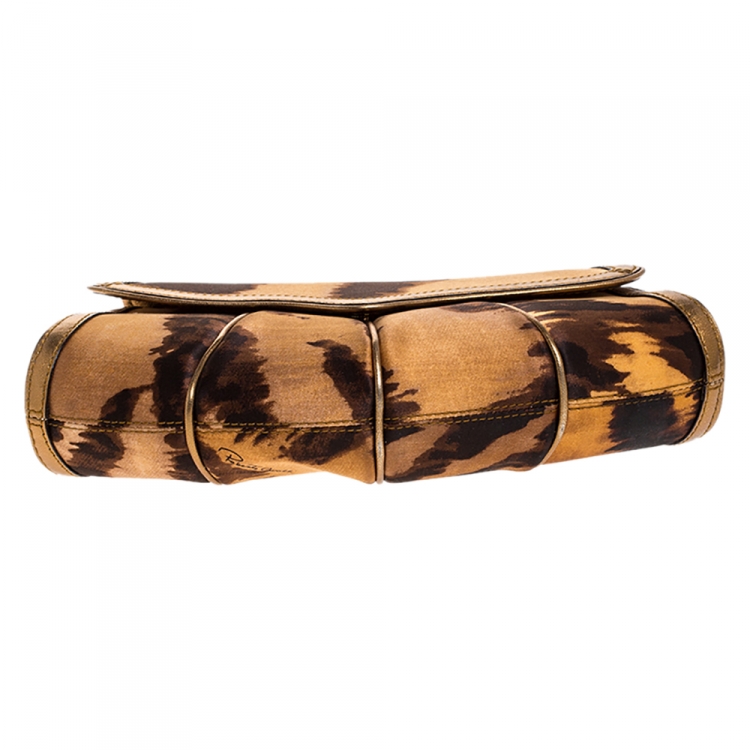 Pre Owned Roberto Cavalli Brown Printed Satin and Leather Charm Shoulder Bag