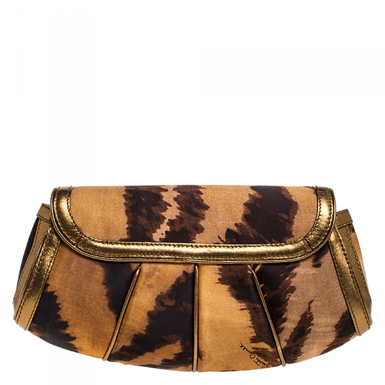 Pre Owned Roberto Cavalli Brown Printed Satin and Leather Charm Shoulder Bag