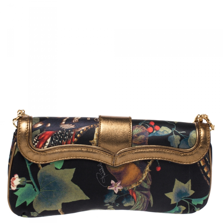 Pre Owned Roberto Cavalli Multicolor Printed Satin and Leather Chain Clutch