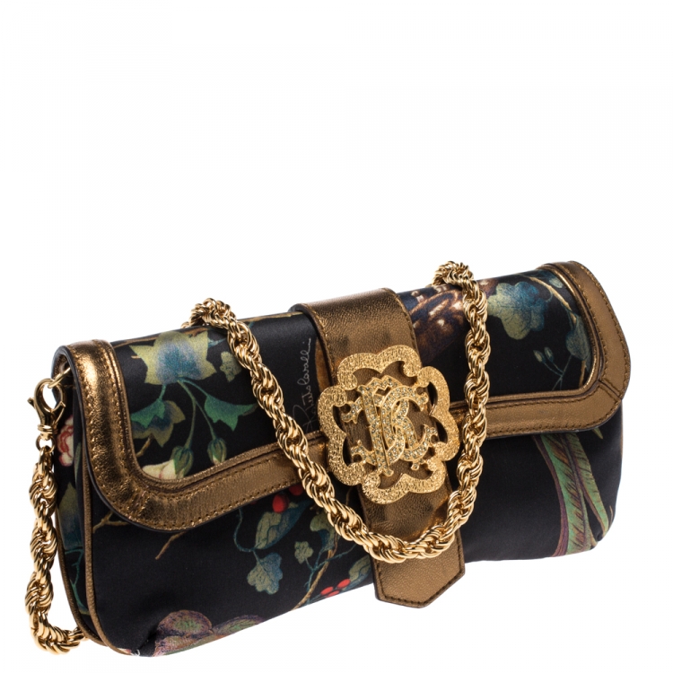 Pre Owned Roberto Cavalli Multicolor Printed Satin and Leather Chain Clutch