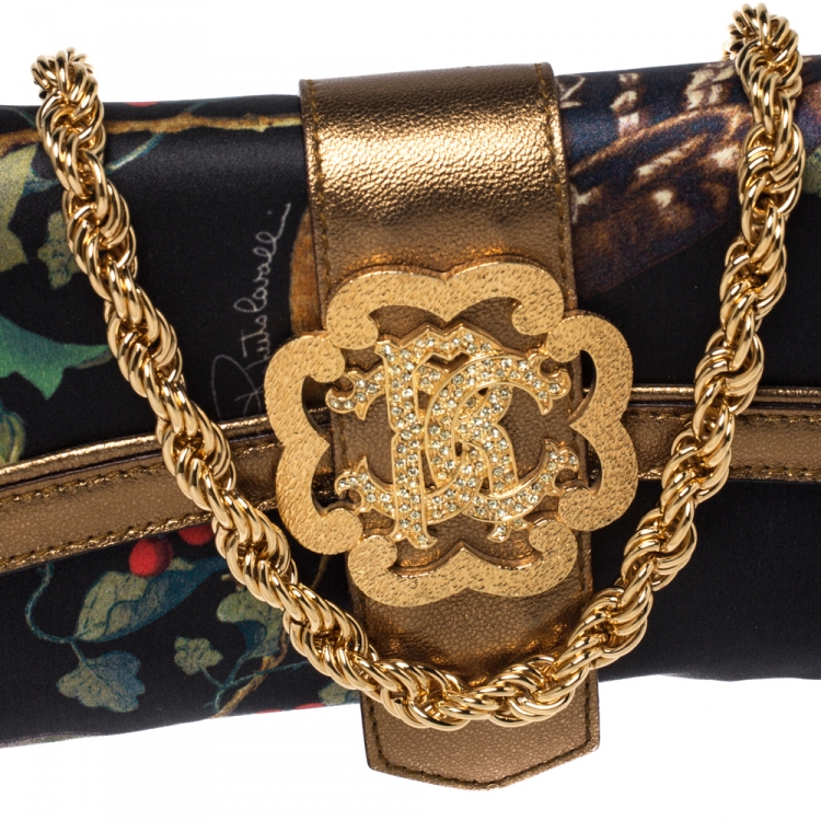 Pre Owned Roberto Cavalli Multicolor Printed Satin and Leather Chain Clutch