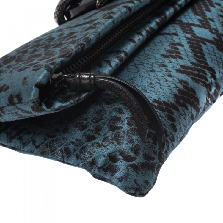 Pre Owned Roberto Cavalli Blue Snake Print Satin Foldover Clutch