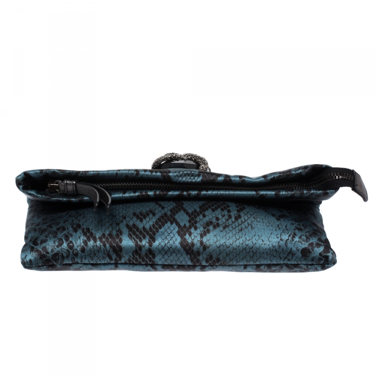 Pre Owned Roberto Cavalli Blue Snake Print Satin Foldover Clutch