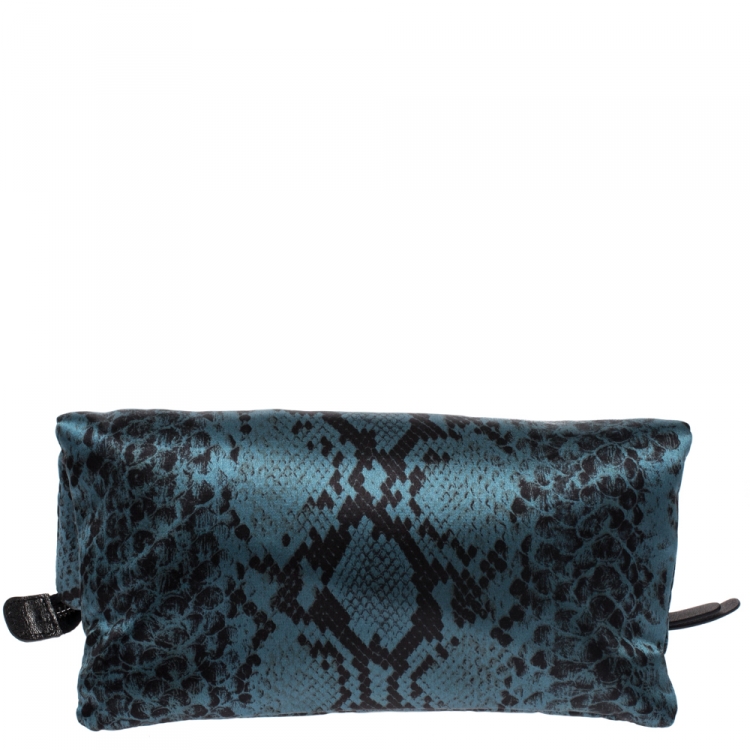 Pre Owned Roberto Cavalli Blue Snake Print Satin Foldover Clutch