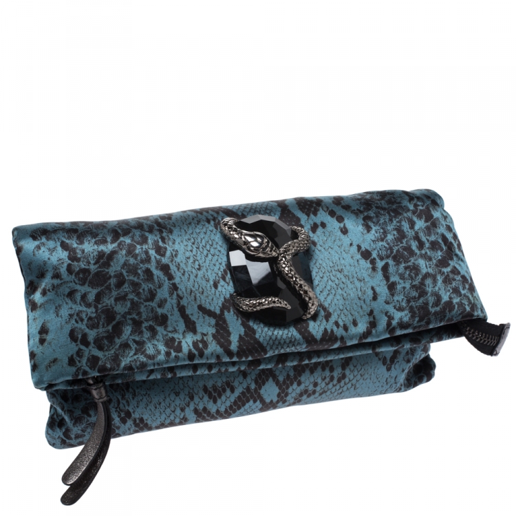 Pre Owned Roberto Cavalli Blue Snake Print Satin Foldover Clutch