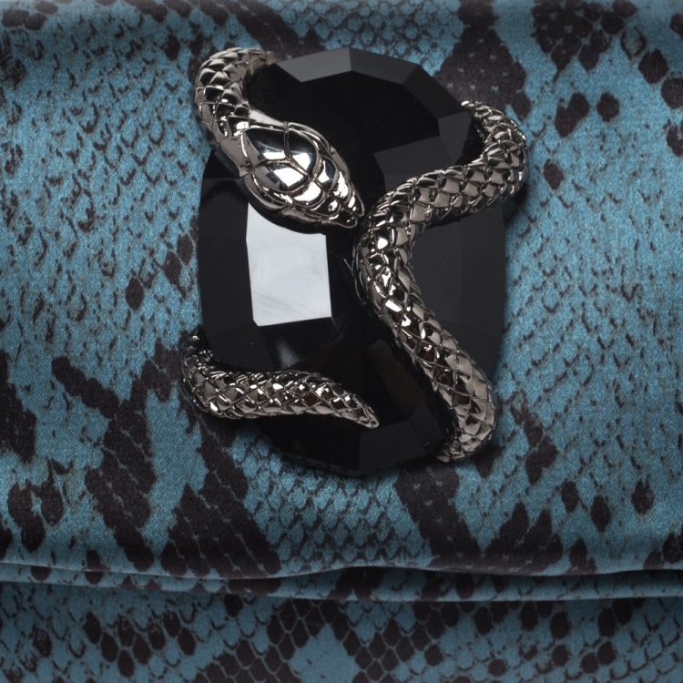 Pre Owned Roberto Cavalli Blue Snake Print Satin Foldover Clutch