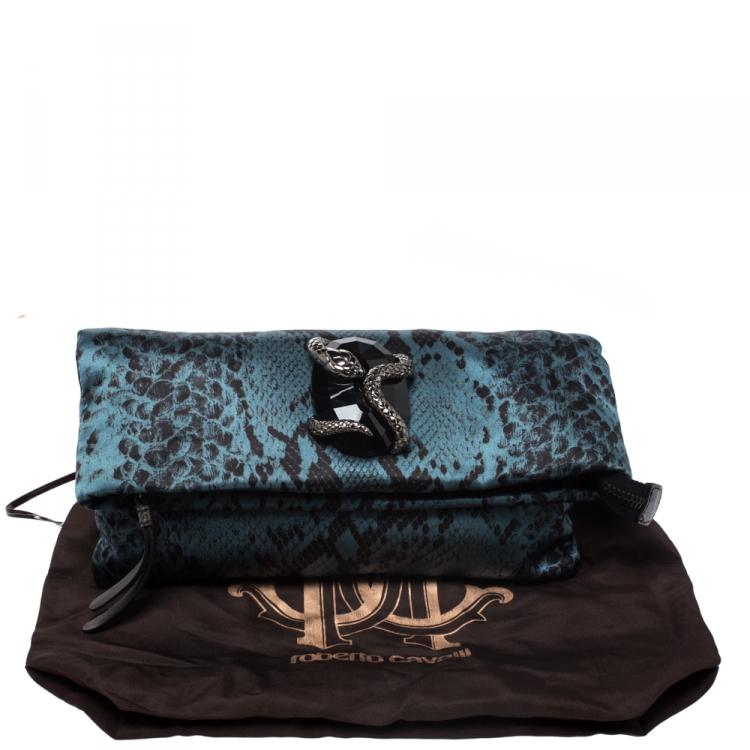 Pre Owned Roberto Cavalli Blue Snake Print Satin Foldover Clutch