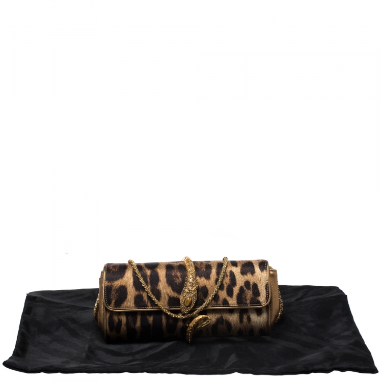 Pre Owned Roberto Cavalli Brown Leopard Print Satin and Leather Serpent Chain Clutch