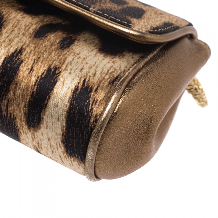 Pre Owned Roberto Cavalli Brown Leopard Print Satin and Leather Serpent Chain Clutch