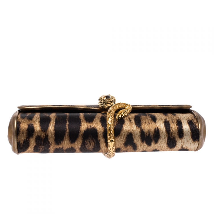 Pre Owned Roberto Cavalli Brown Leopard Print Satin and Leather Serpent Chain Clutch