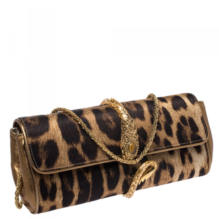 Pre Owned Roberto Cavalli Brown Leopard Print Satin and Leather Serpent Chain Clutch