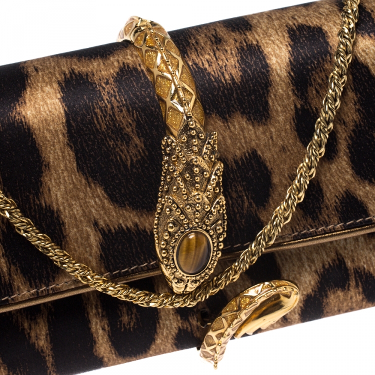 Pre Owned Roberto Cavalli Brown Leopard Print Satin and Leather Serpent Chain Clutch