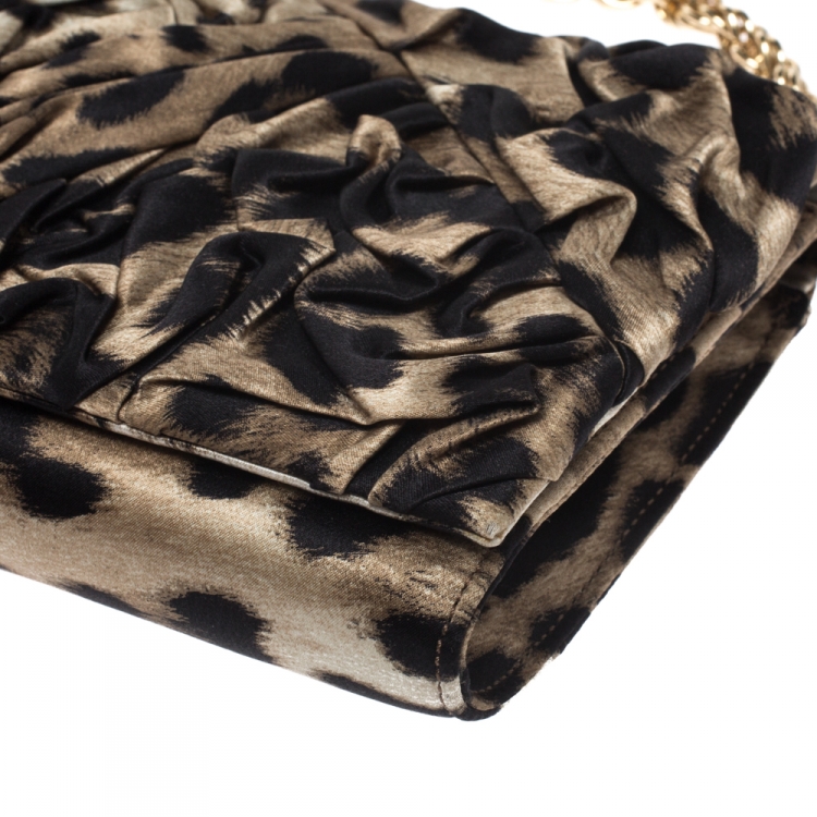 Pre Owned Roberto Cavalli Brown/Black Leopard Print Satin Pleated Chain Clutch