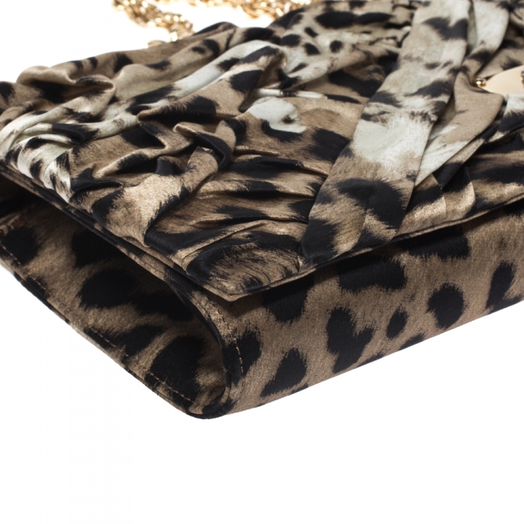 Pre Owned Roberto Cavalli Brown/Black Leopard Print Satin Pleated Chain Clutch
