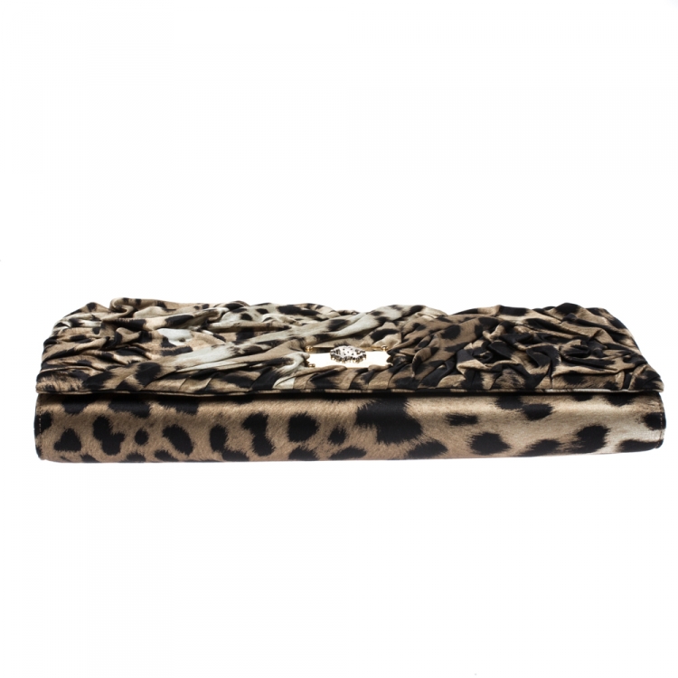 Pre Owned Roberto Cavalli Brown/Black Leopard Print Satin Pleated Chain Clutch
