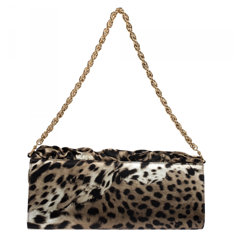 Pre Owned Roberto Cavalli Brown/Black Leopard Print Satin Pleated Chain Clutch