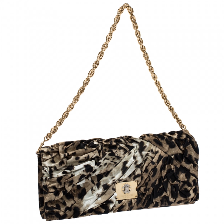 Pre Owned Roberto Cavalli Brown/Black Leopard Print Satin Pleated Chain Clutch