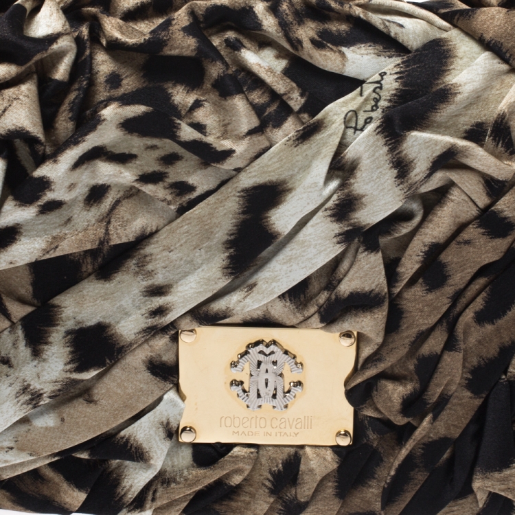 Pre Owned Roberto Cavalli Brown/Black Leopard Print Satin Pleated Chain Clutch
