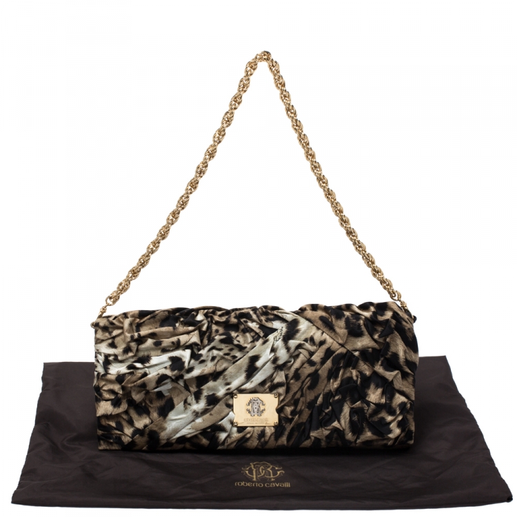 Pre Owned Roberto Cavalli Brown/Black Leopard Print Satin Pleated Chain Clutch
