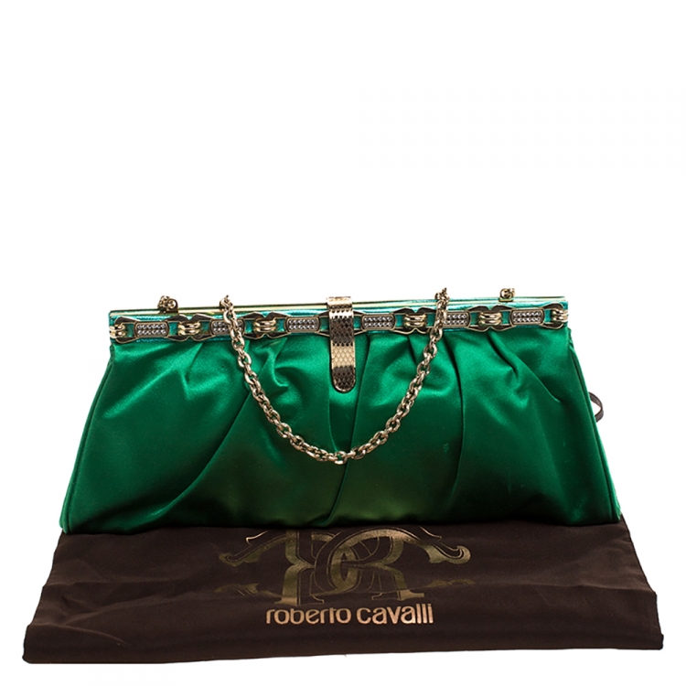Pre Owned Roberto Cavalli Green Satin Embellished Frame Chain Clutch