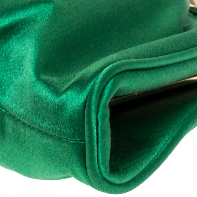 Pre Owned Roberto Cavalli Green Satin Embellished Frame Chain Clutch