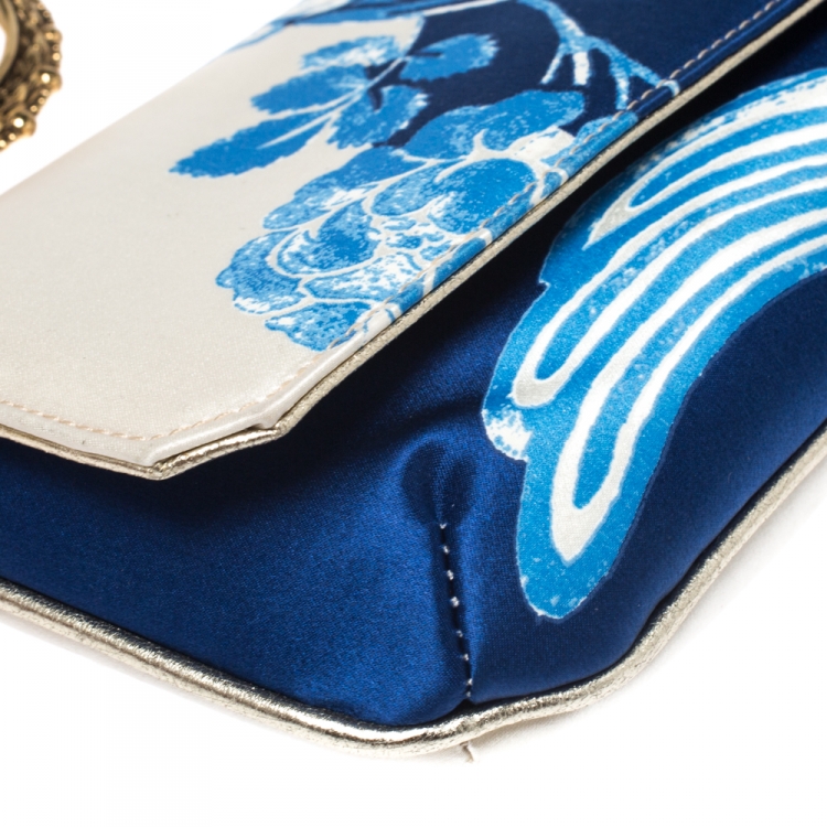 Pre Owned Roberto Cavalli Blue/White Floral Print Satin and Leather Serpent Wristlet Clutch     