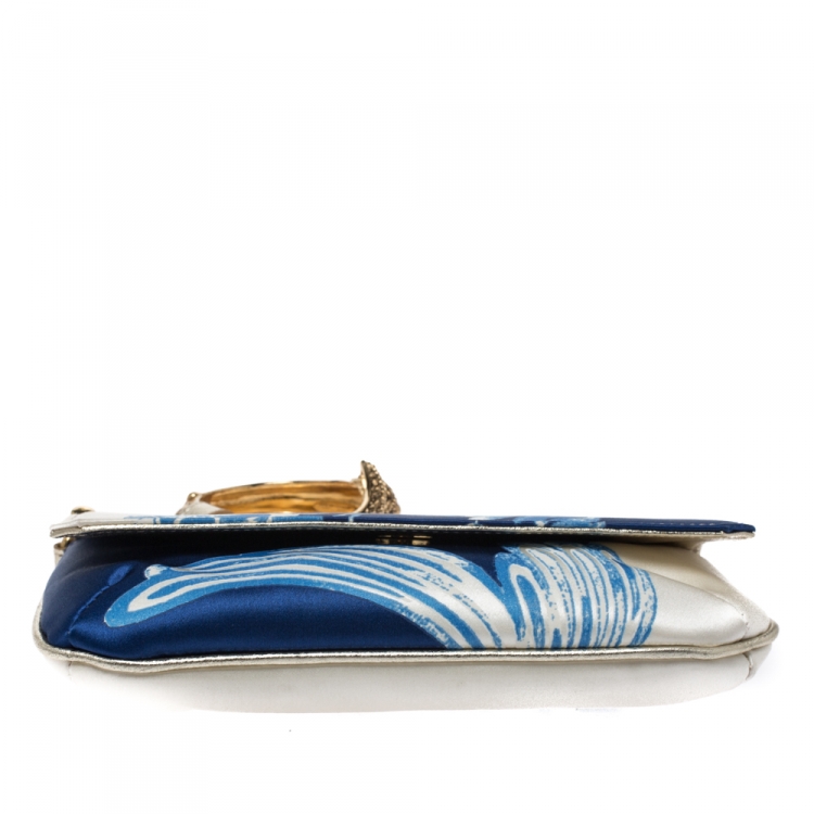 Pre Owned Roberto Cavalli Blue/White Floral Print Satin and Leather Serpent Wristlet Clutch     