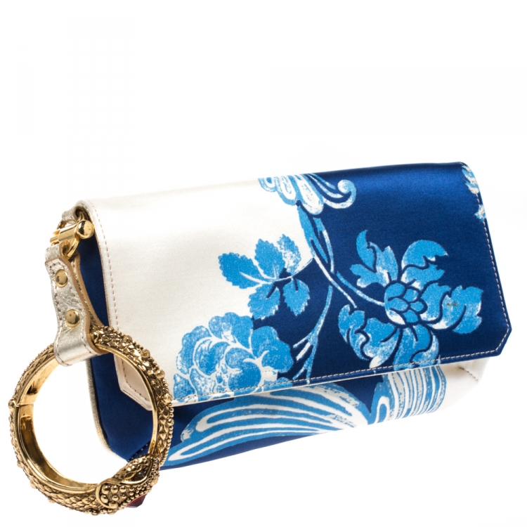 Pre Owned Roberto Cavalli Blue/White Floral Print Satin and Leather Serpent Wristlet Clutch     