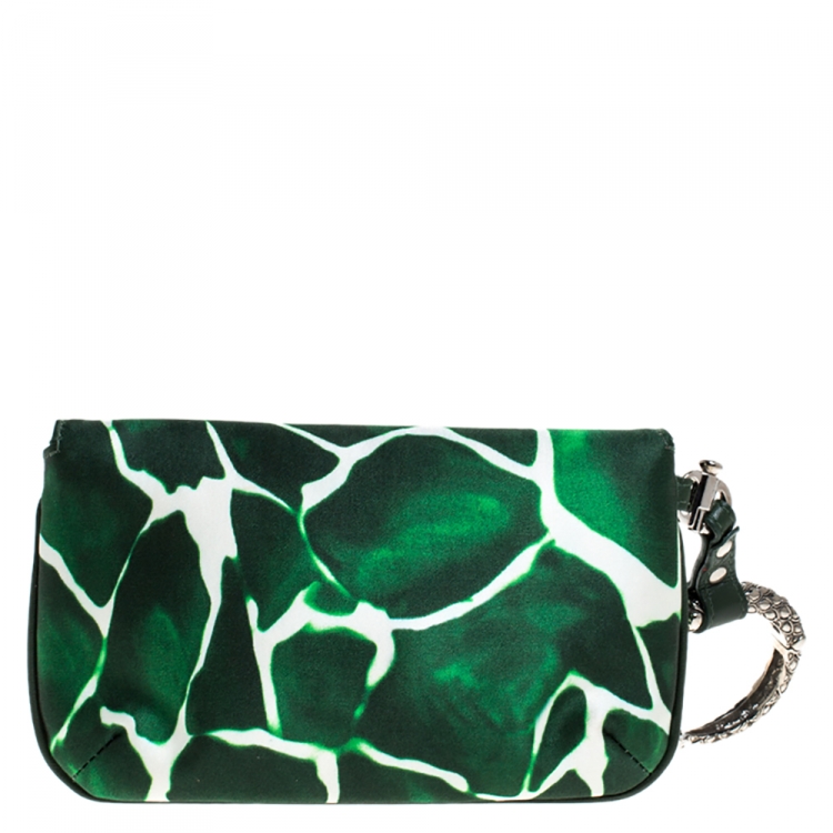 Pre Owned Roberto Cavalli Green/White Satin and Leather Serpent Wristlet Clutch