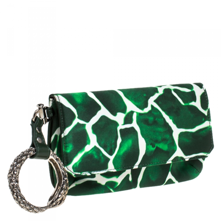 Pre Owned Roberto Cavalli Green/White Satin and Leather Serpent Wristlet Clutch