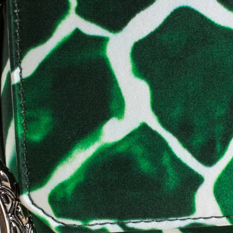 Pre Owned Roberto Cavalli Green/White Satin and Leather Serpent Wristlet Clutch