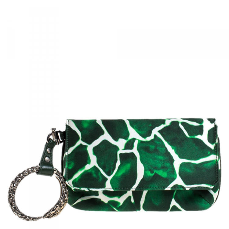 Pre Owned Roberto Cavalli Green/White Satin and Leather Serpent Wristlet Clutch