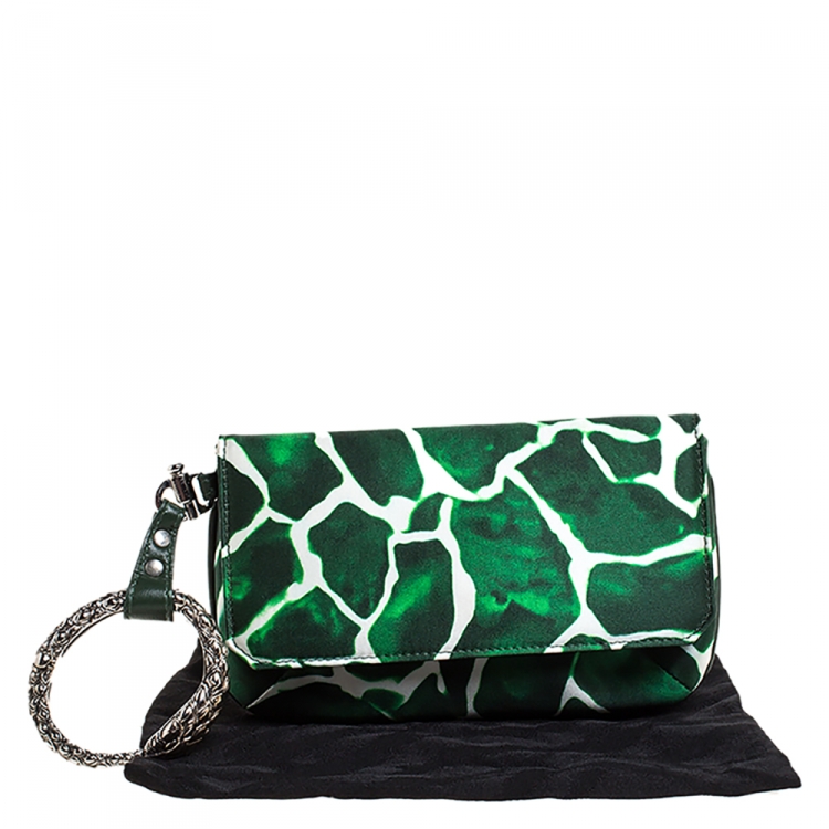 Pre Owned Roberto Cavalli Green/White Satin and Leather Serpent Wristlet Clutch