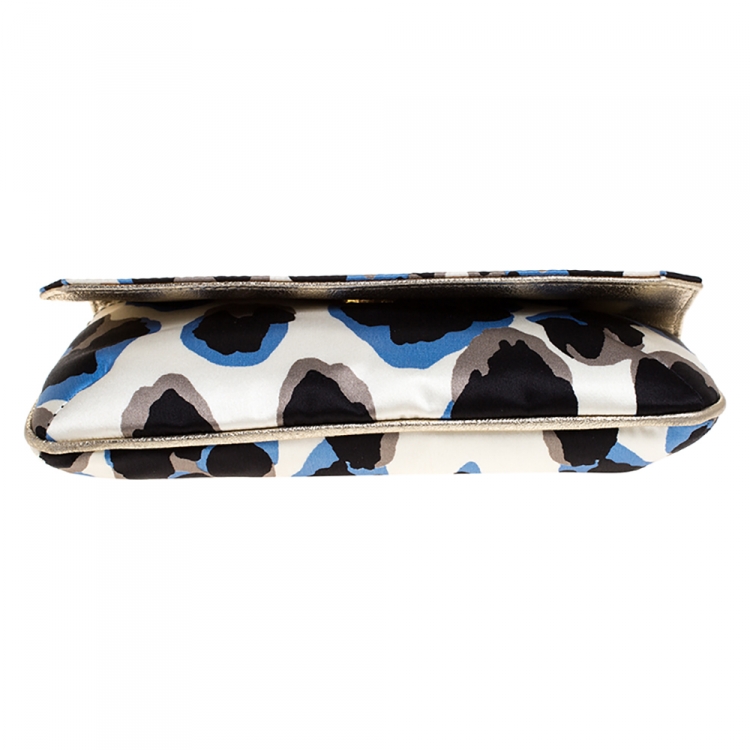 Pre Owned Roberto Cavalli Multicolor Leopard Print Satin and Leather Serpent Wristlet Clutch 