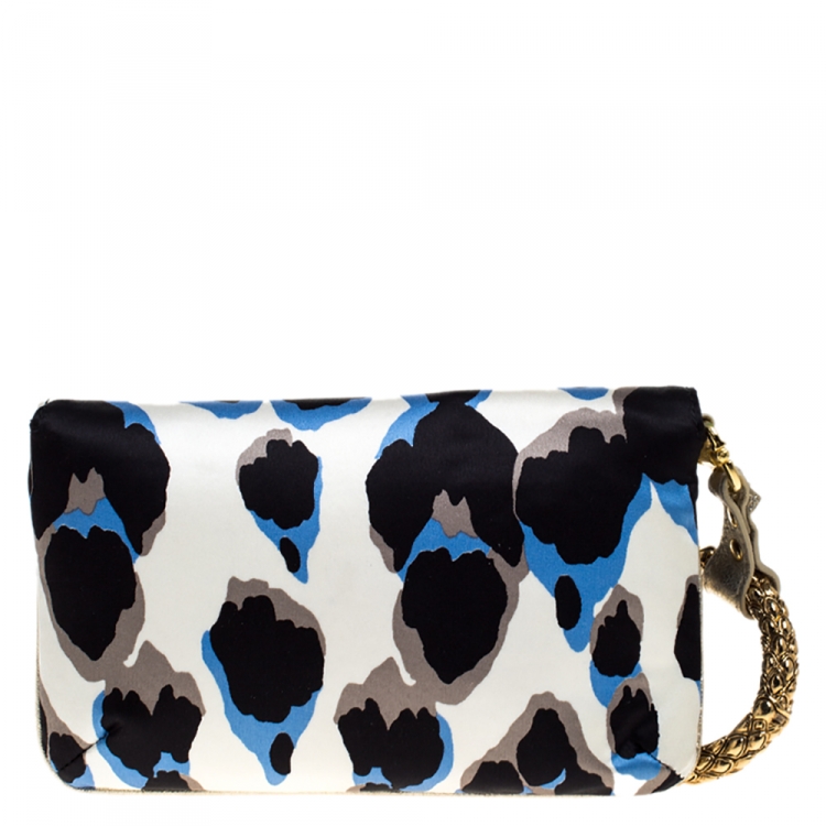 Pre Owned Roberto Cavalli Multicolor Leopard Print Satin and Leather Serpent Wristlet Clutch 