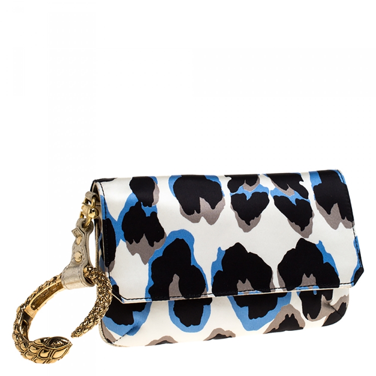 Pre Owned Roberto Cavalli Multicolor Leopard Print Satin and Leather Serpent Wristlet Clutch 