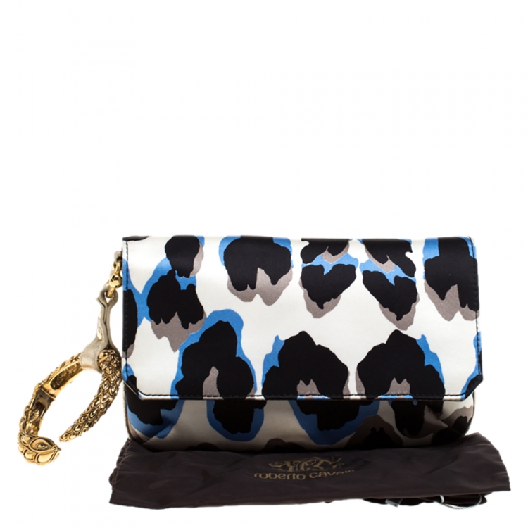 Pre Owned Roberto Cavalli Multicolor Leopard Print Satin and Leather Serpent Wristlet Clutch 