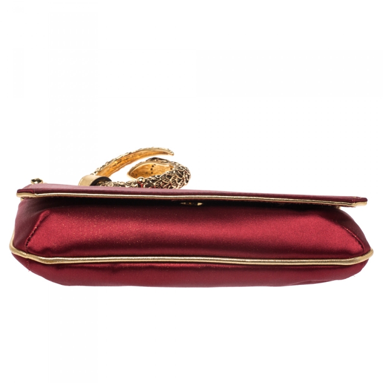 Pre Owned Roberto Cavalli Red/Gold Satin and Leather Serpent Wristlet Clutch 