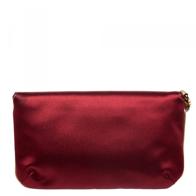 Pre Owned Roberto Cavalli Red/Gold Satin and Leather Serpent Wristlet Clutch 