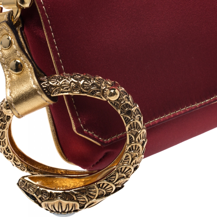 Pre Owned Roberto Cavalli Red/Gold Satin and Leather Serpent Wristlet Clutch 