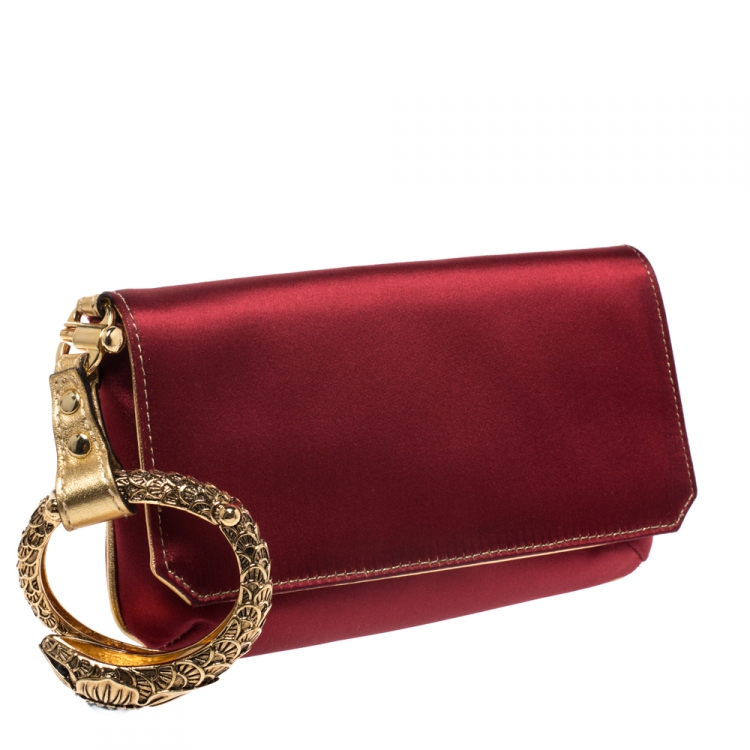 Pre Owned Roberto Cavalli Red/Gold Satin and Leather Serpent Wristlet Clutch 