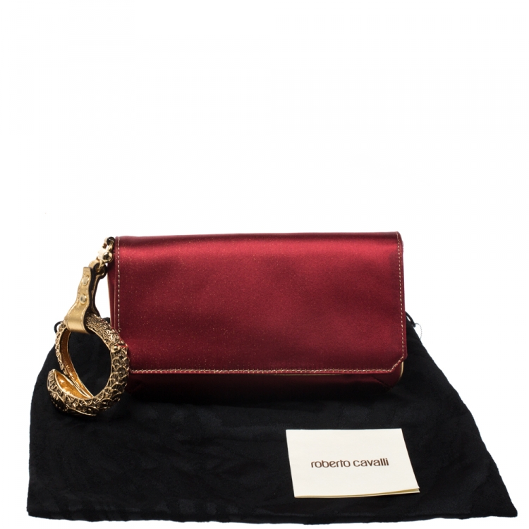 Pre Owned Roberto Cavalli Red/Gold Satin and Leather Serpent Wristlet Clutch 