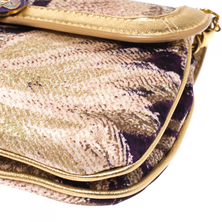 Pre Owned Roberto Cavalli Multicolor Printed Satin and Leather Chain Clutch