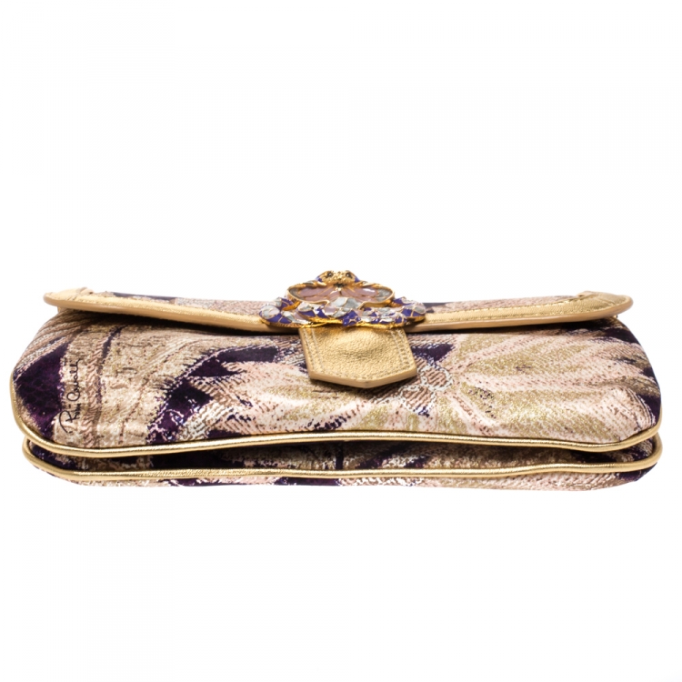 Pre Owned Roberto Cavalli Multicolor Printed Satin and Leather Chain Clutch