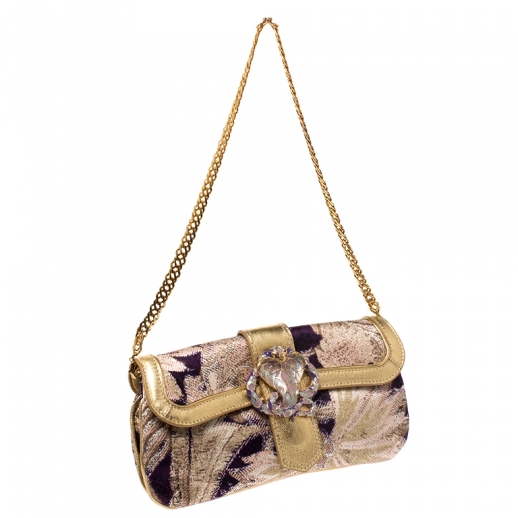 Pre Owned Roberto Cavalli Multicolor Printed Satin and Leather Chain Clutch