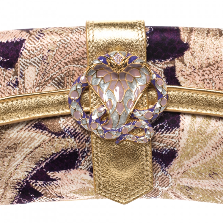Pre Owned Roberto Cavalli Multicolor Printed Satin and Leather Chain Clutch