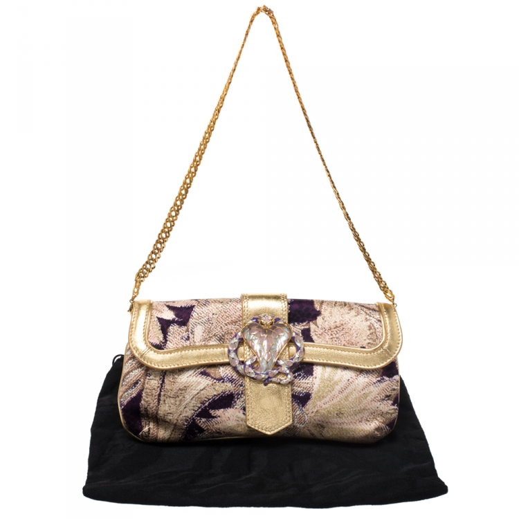 Pre Owned Roberto Cavalli Multicolor Printed Satin and Leather Chain Clutch