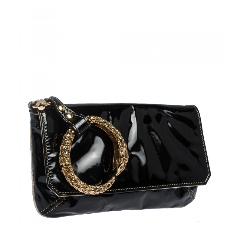 Pre Owned Roberto Cavalli Black Patent Leather Serpent Bracelet Clutch