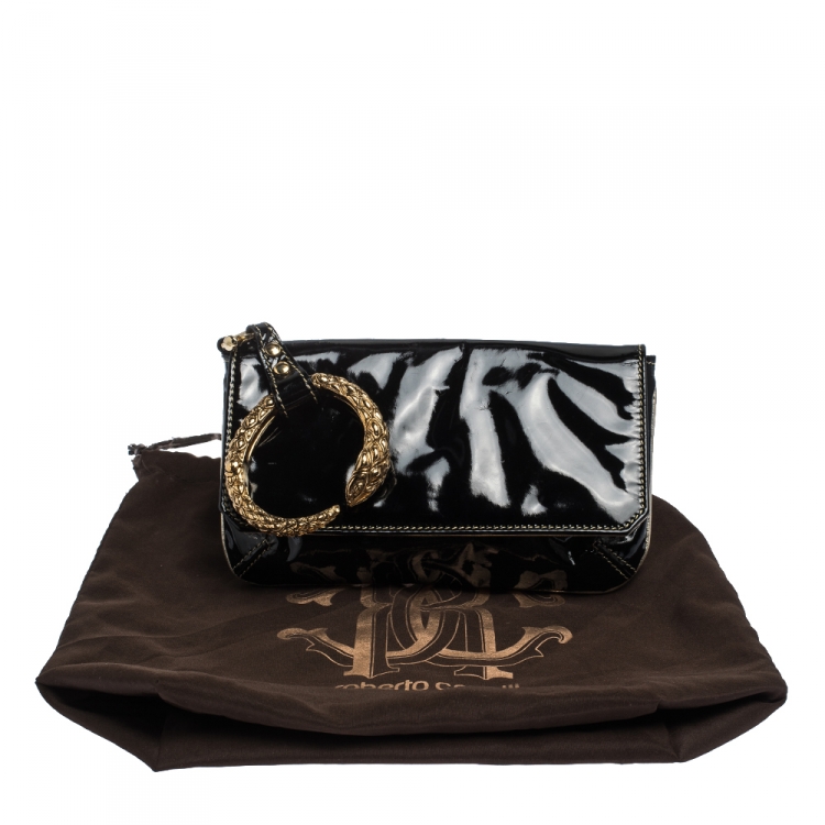 Pre Owned Roberto Cavalli Black Patent Leather Serpent Bracelet Clutch
