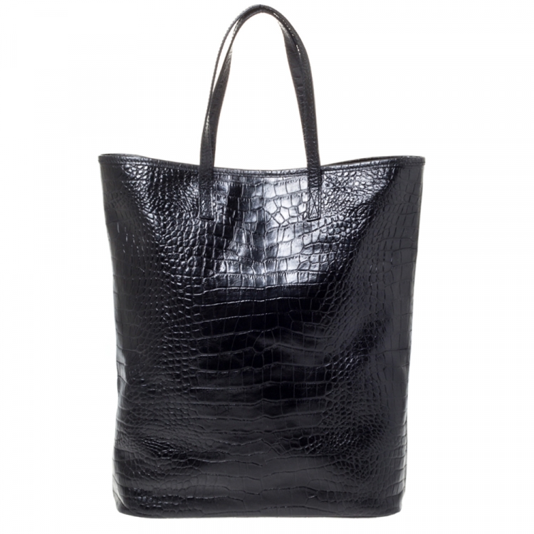 Pre Owned Roberto Cavalli Black Croc Embossed Leather Logo Plaque Tote